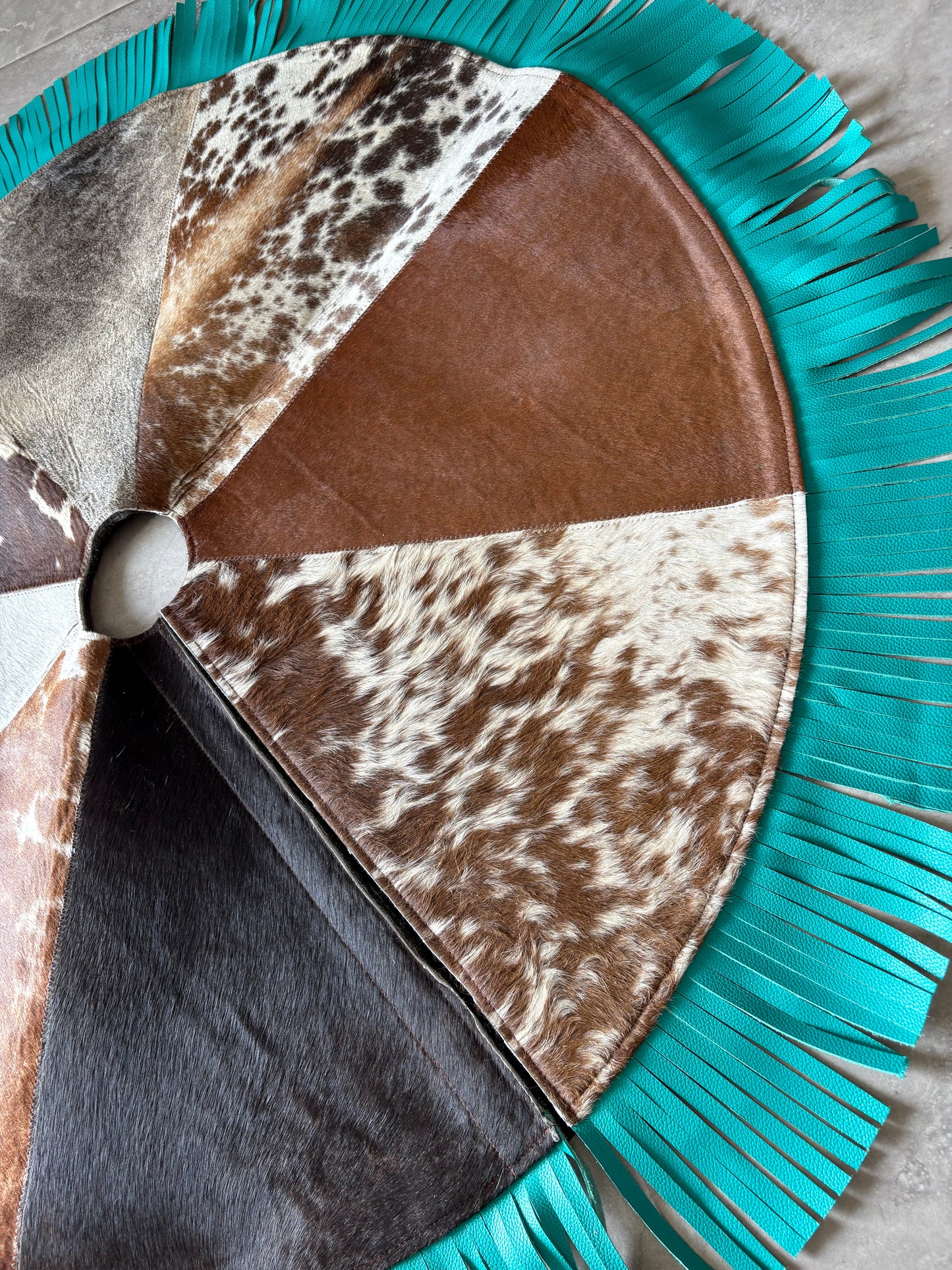 Cowhide Tree Skirt - turquoise fringe