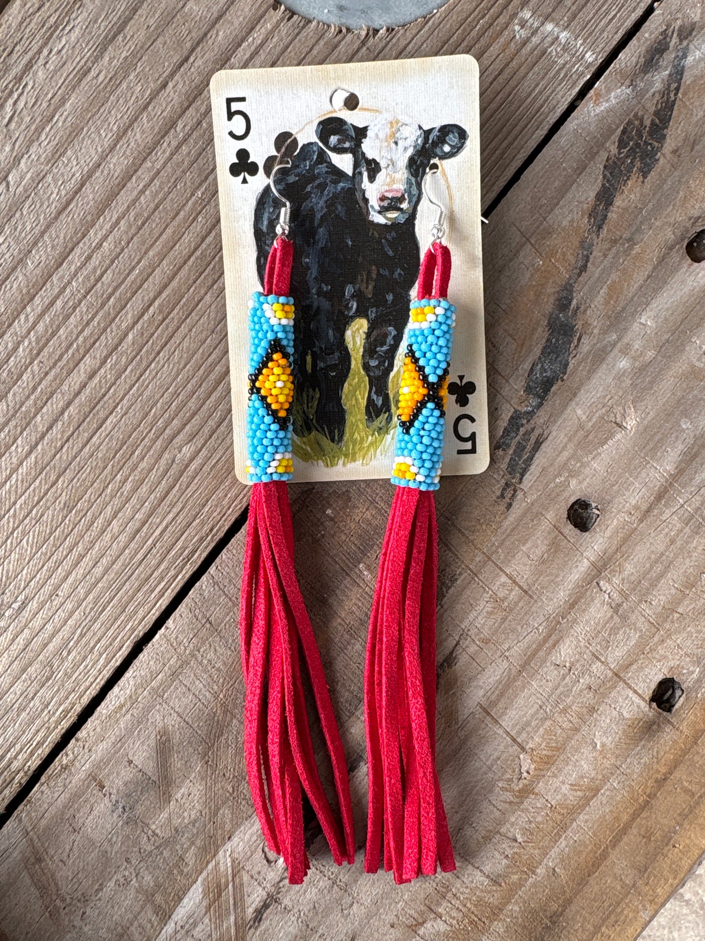 Beaded Red Leather Drop Earrings