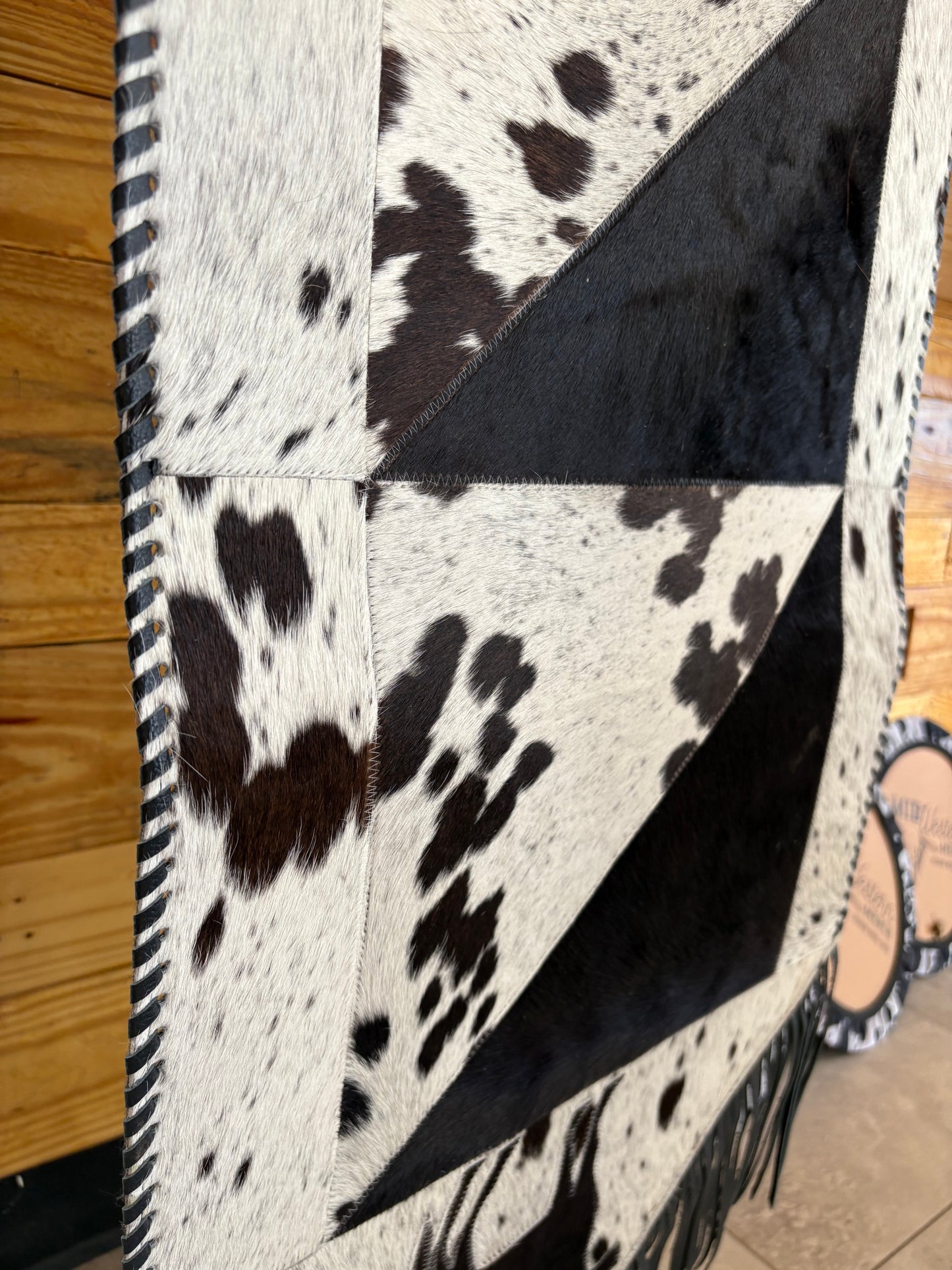 Cowhide Table Runner- Horse B&W- Black Leather