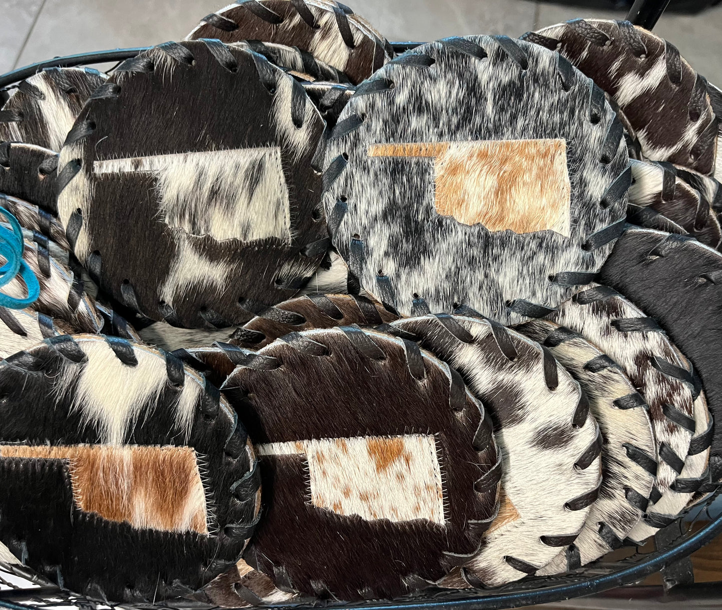 OKlahoma Cowhide Coaster- Dark Lacing