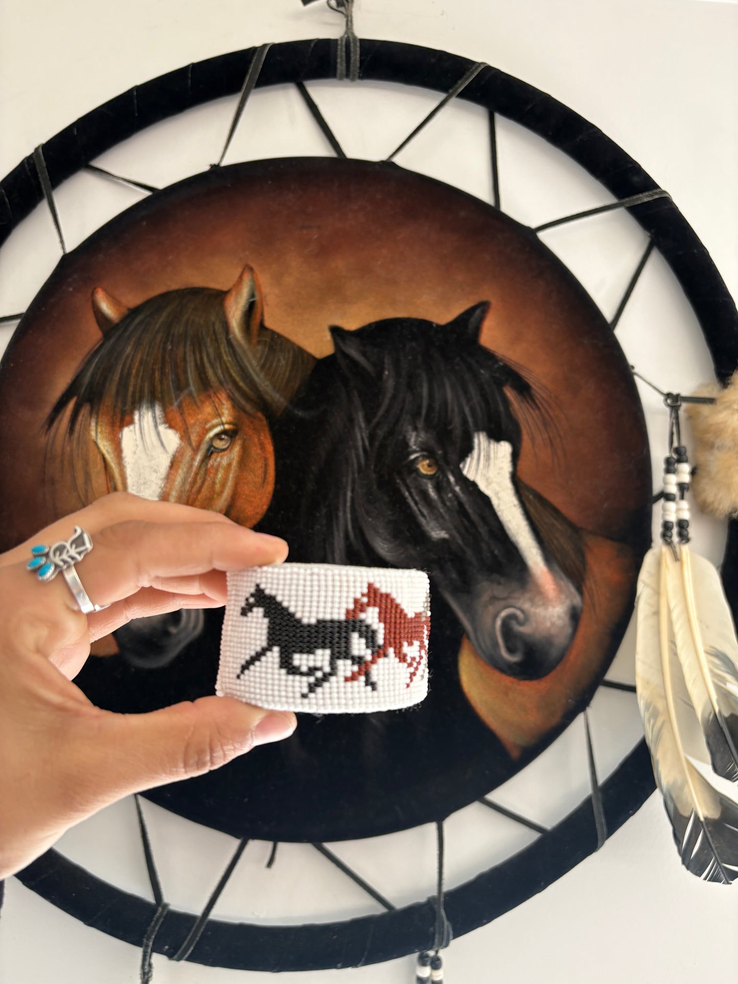 Galloping Horses Beaded Leather Cuff