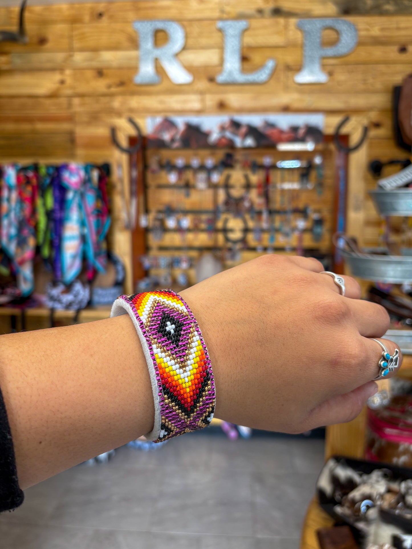 Purple Glaze Beaded Leather Cuff
