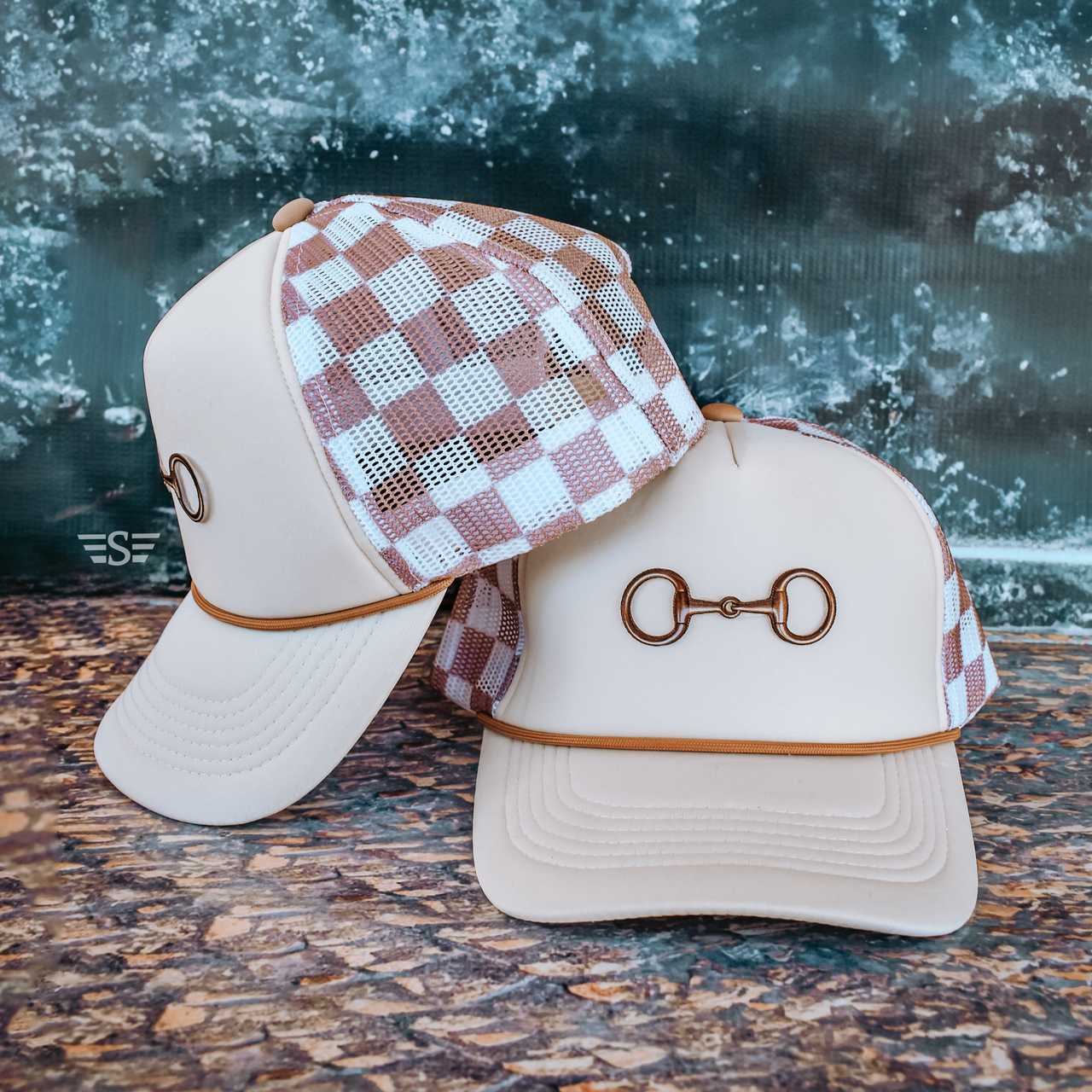 Snaffle Bit Completed Printed Mesh Back Cap: Cream/ Carmel Checkered Magna Pony