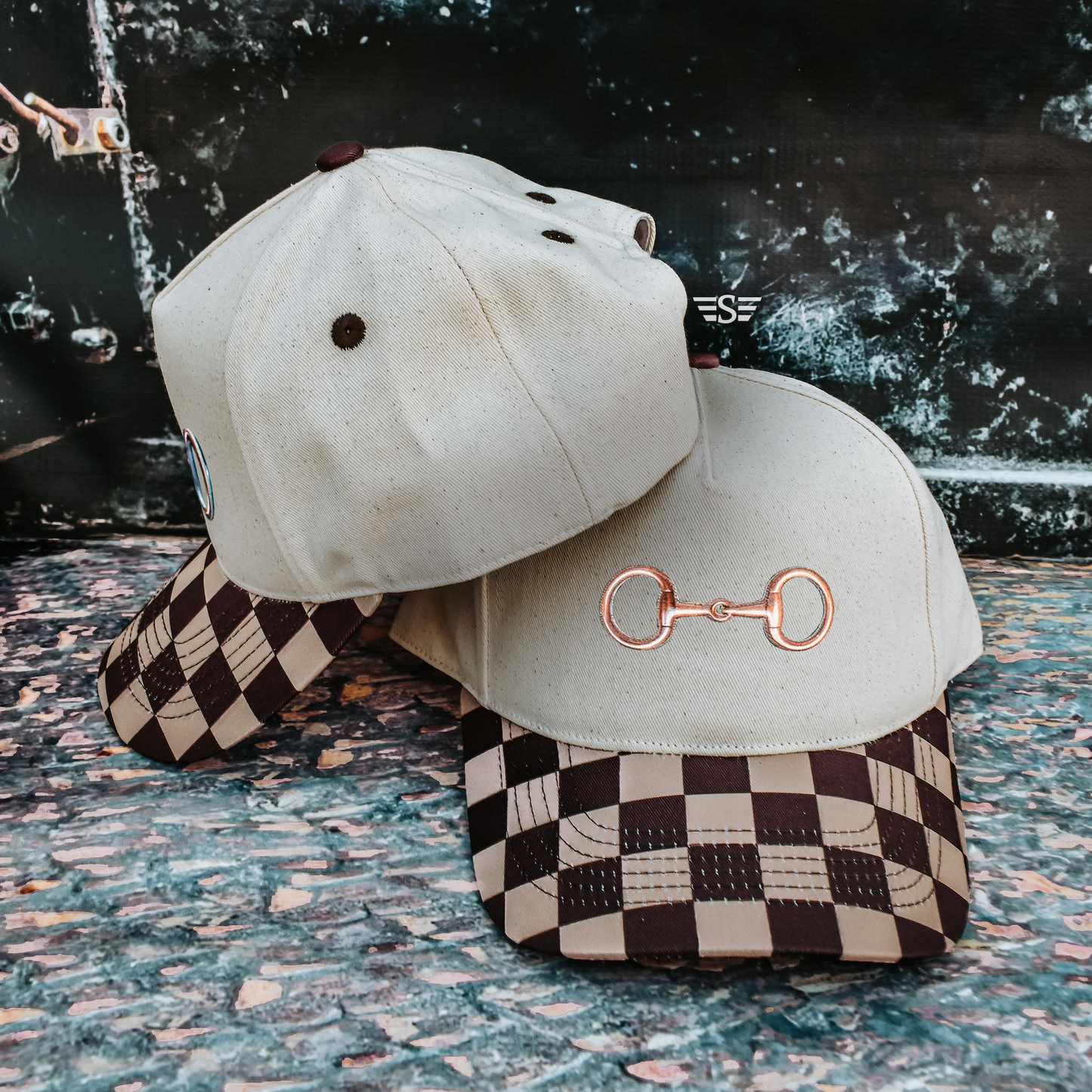 Snaffle Bit Patch Canvas Cap Magna Pony® Cap: Brown and Tan checked Magna Pony®