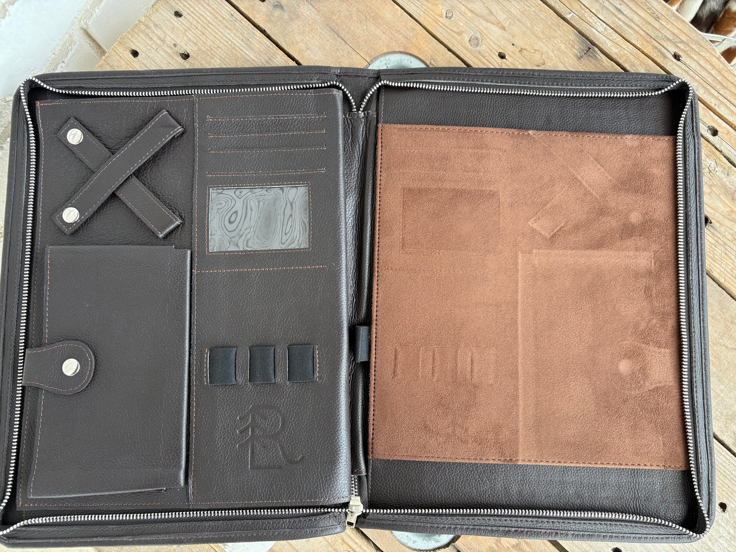 Cowhide + Brown Leather Planner- front tooled leather