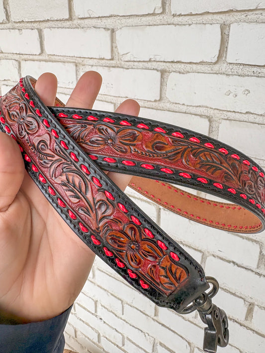 Red Tooled Foral Handbag Strap