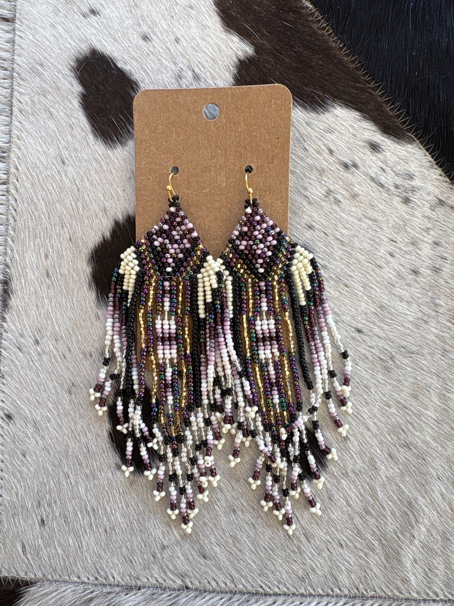 Purple Beige Beaded Earrings