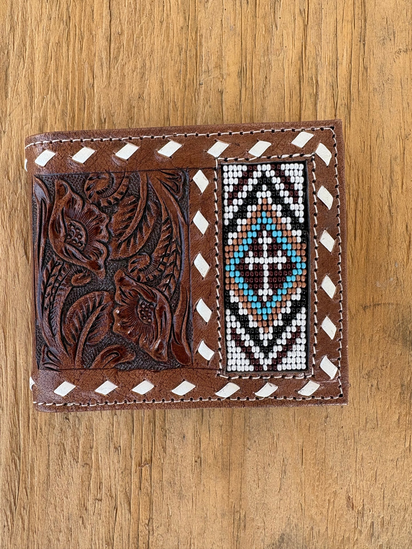Beaded + Tooled Leather Bifold Wallet