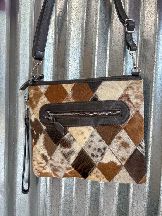 Cowhide Diamond Patch SidePurse / Wristlet - Black