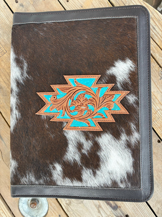 Cowhide + Brown Leather Planner- front tooled leather