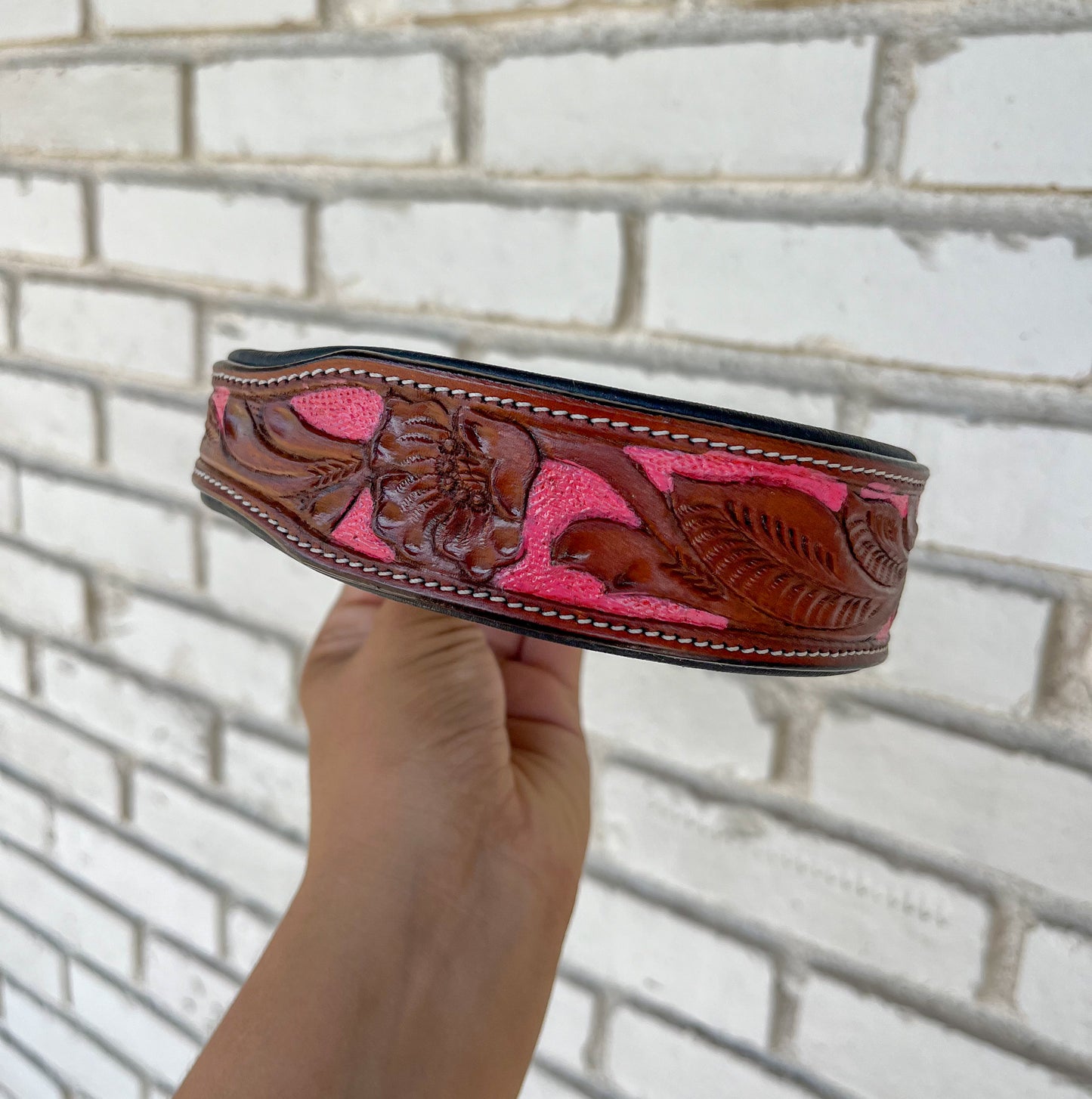 Hot Pink Tooled Leather Dog Collar