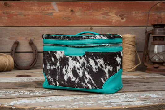 Cowhide Cosmetic Bag- Travel Toiletries- turquoise