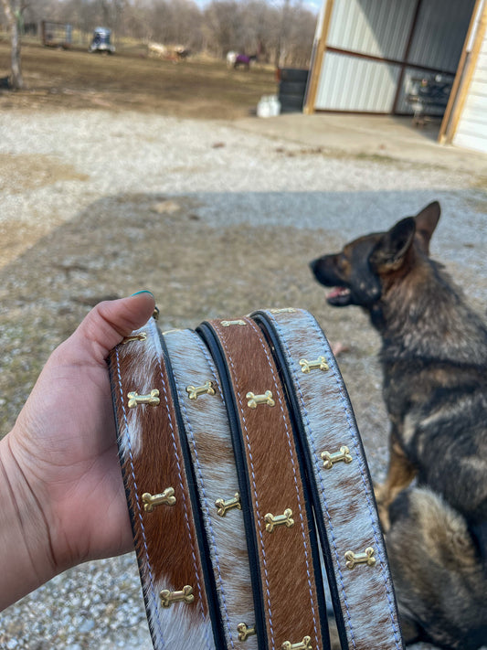 Brown&W Cowhide Collar (gold dog bones)