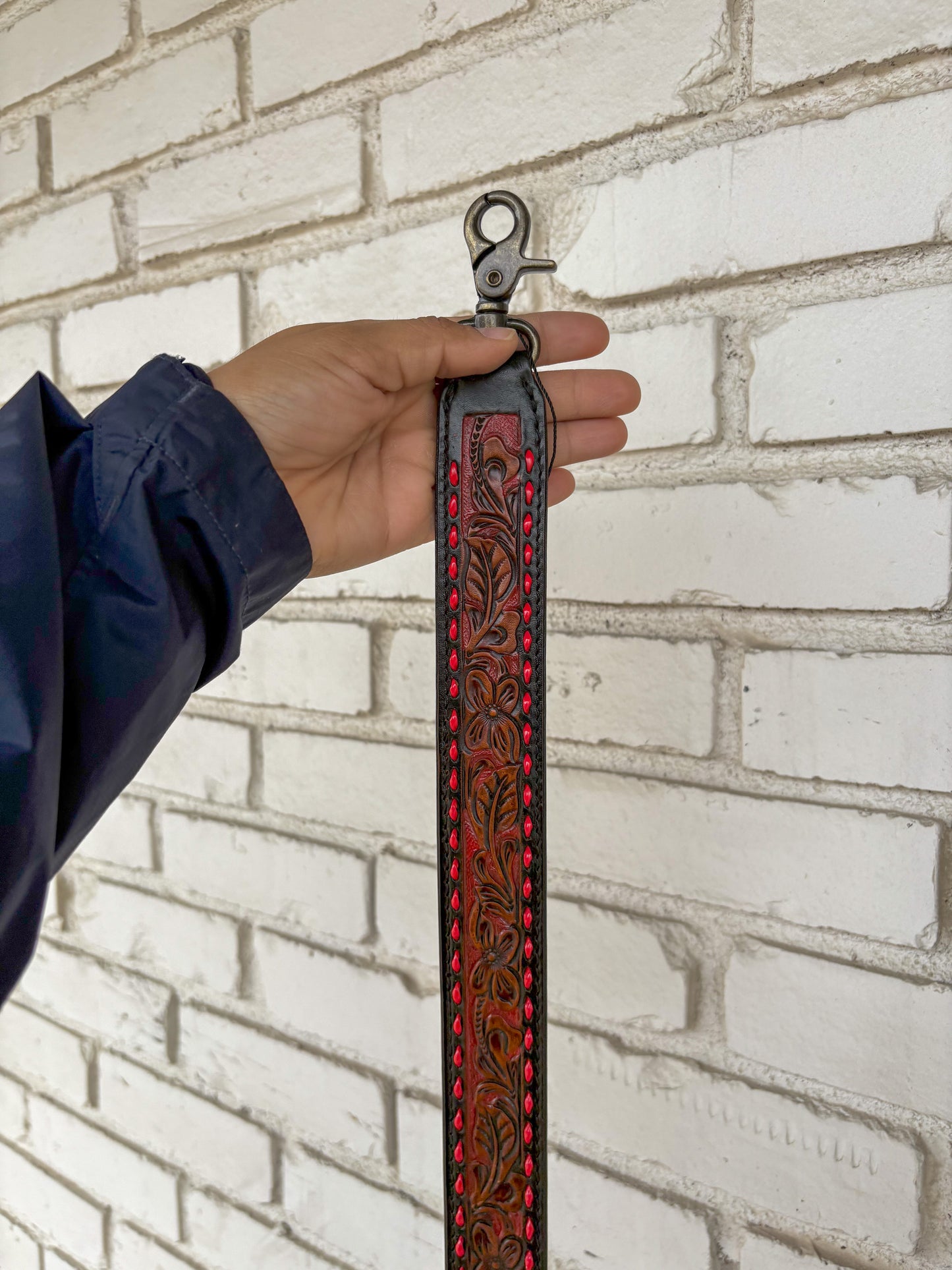 Red Tooled Foral Handbag Strap