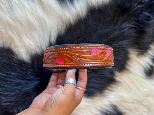 HotPink Tooled Leather Dog Collar - Small