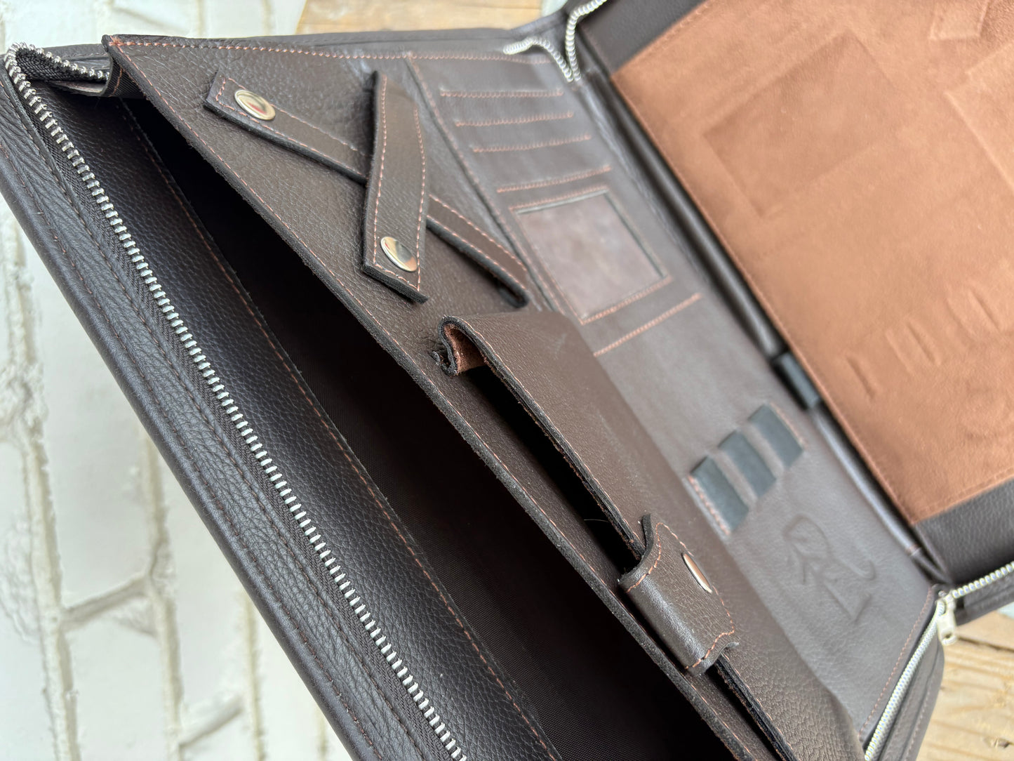 Cowhide + Brown Leather Planner- front tooled leather