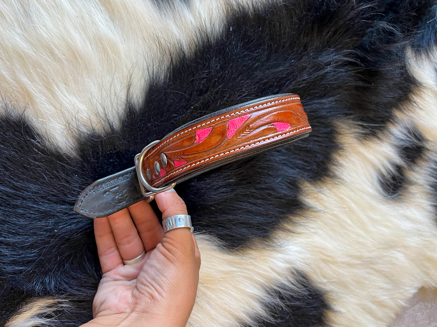 HotPink Tooled Leather Dog Collar - Small