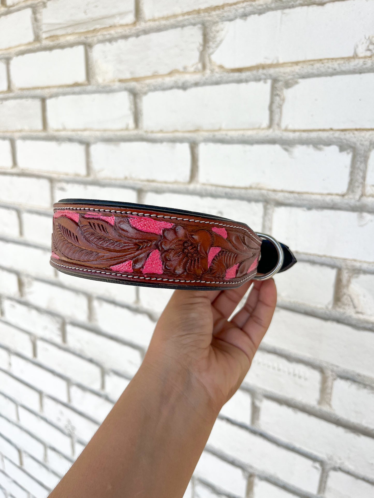 Hot Pink Tooled Leather Dog Collar