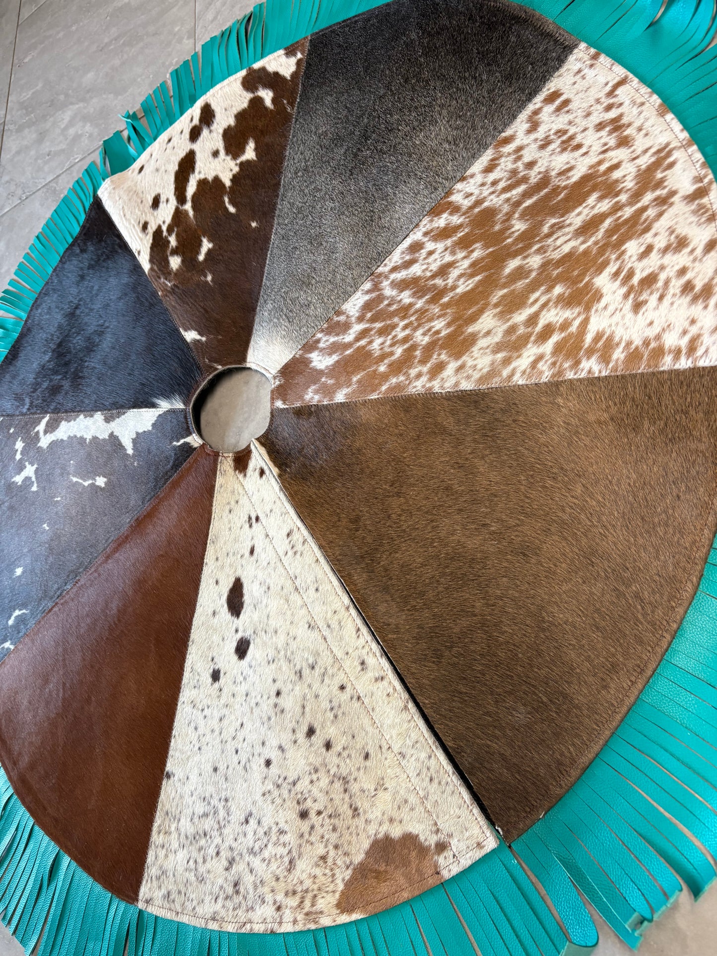 Cowhide Tree Skirt - turquoise fringe