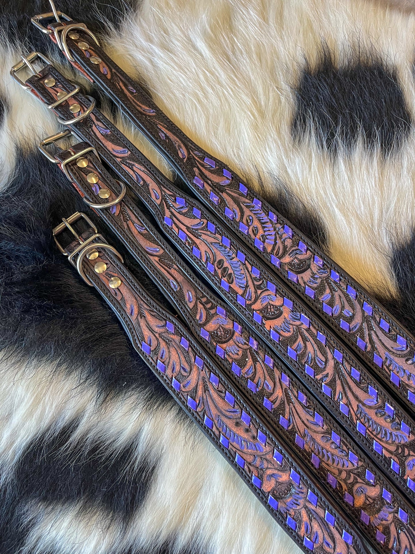 Purple Lace Tooled Leather Dog Collar