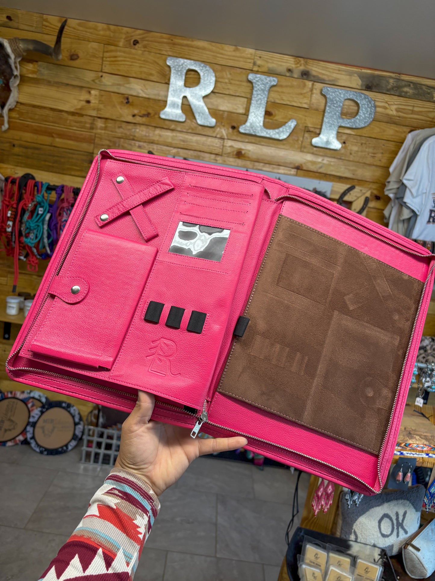 Cowhide + Pink Leather Planner- front tooled leather