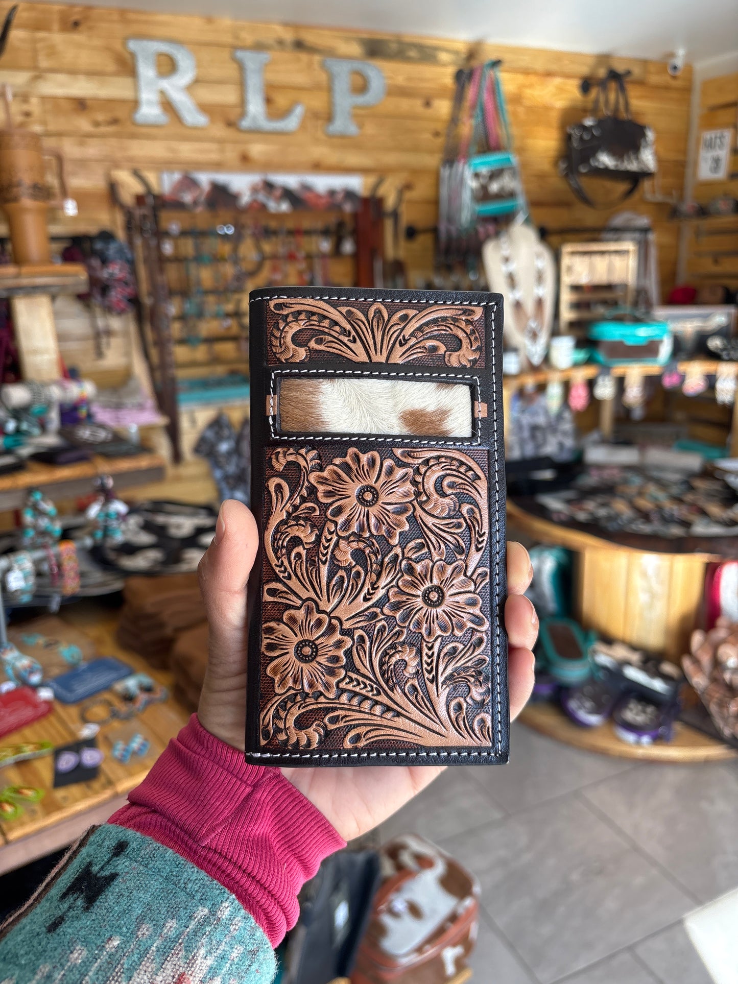 Tooled Leather + Cowhide Wallet