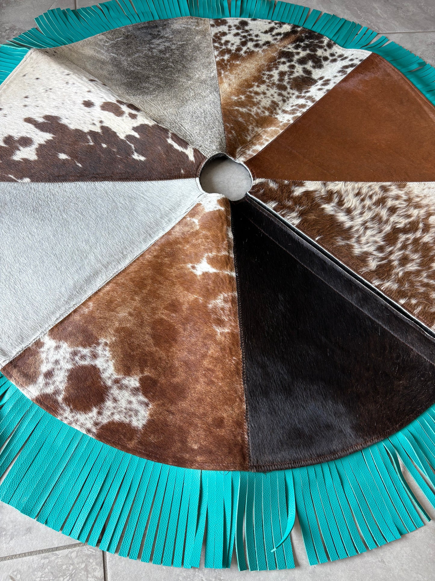 Cowhide Tree Skirt - turquoise fringe