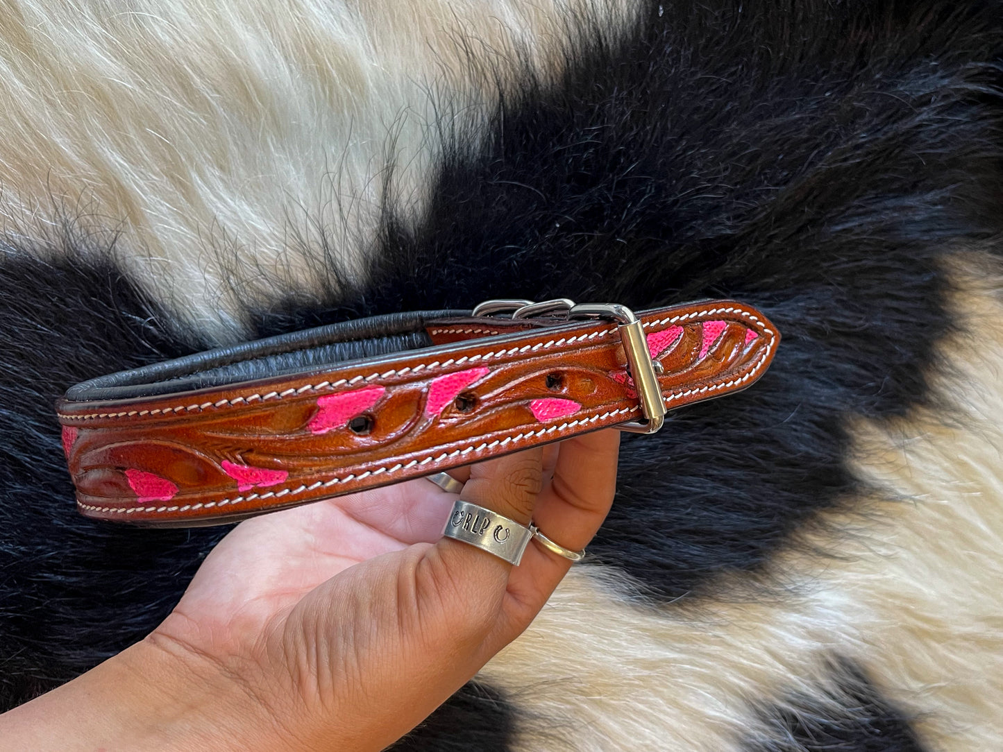 HotPink Tooled Leather Dog Collar - Small