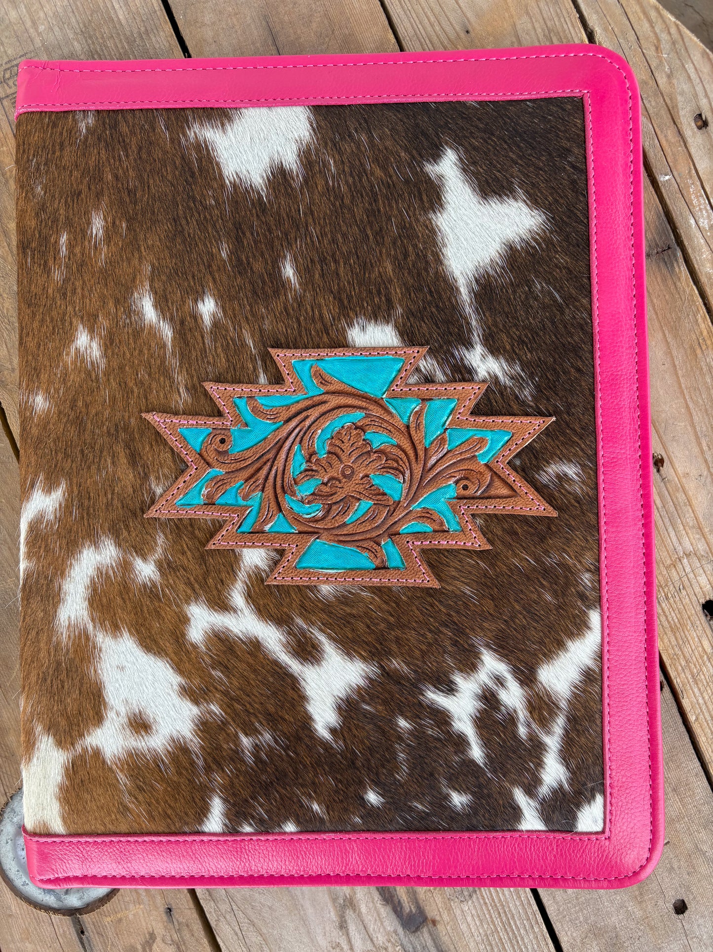 Cowhide + Pink Leather Planner- Front tooled leather