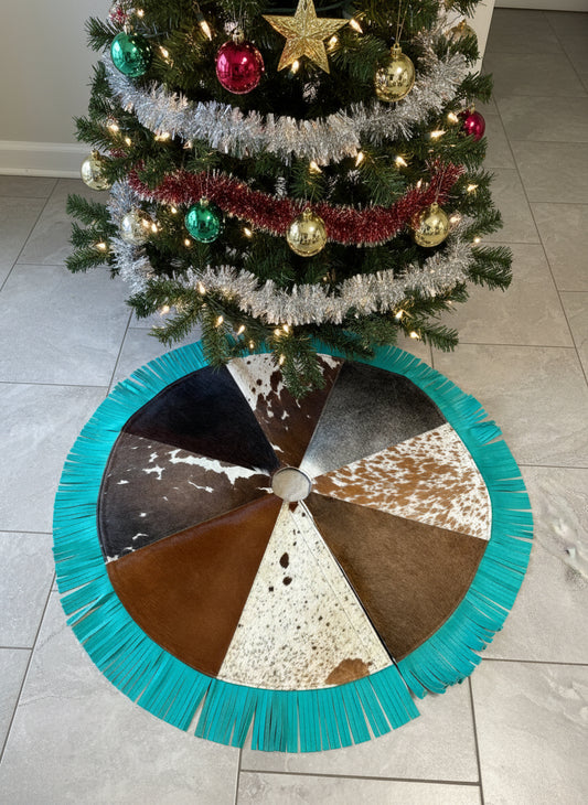 Cowhide Tree Skirt - turquoise fringe