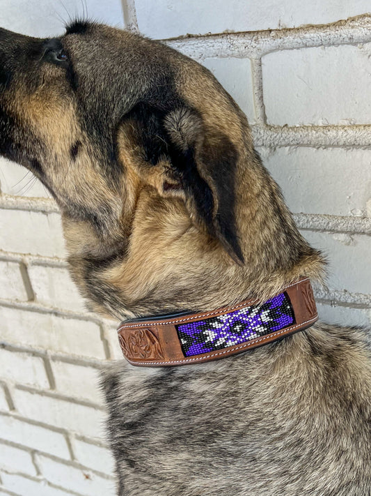 Plum Beaded + Padded Leather Dog Collar