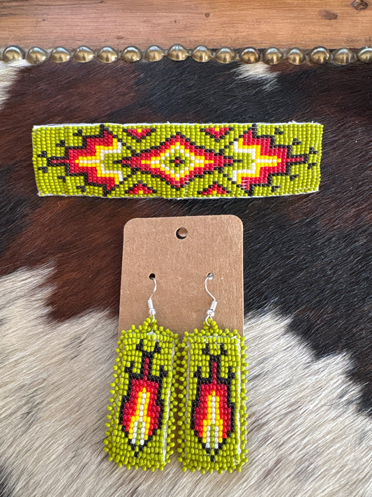 Green Beaded Barrette + Earrings