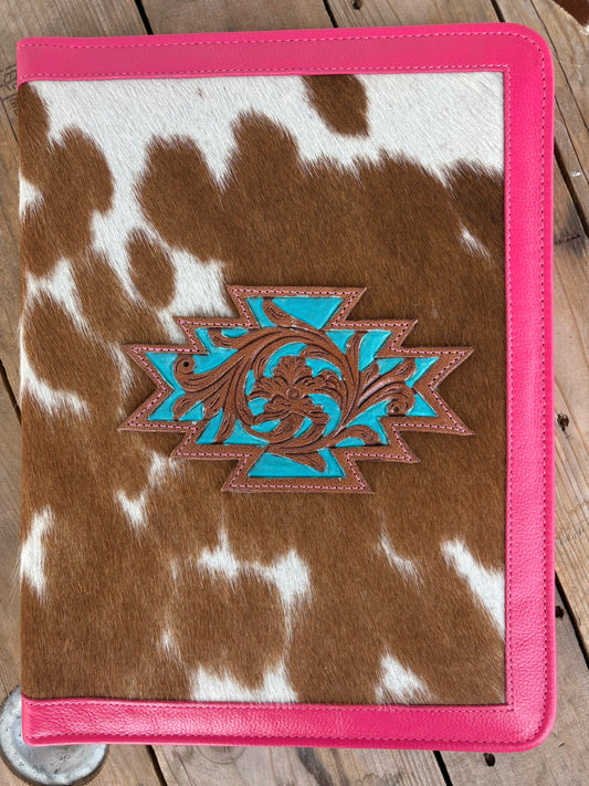 Cowhide + Pink Leather Planner- front tooled leather