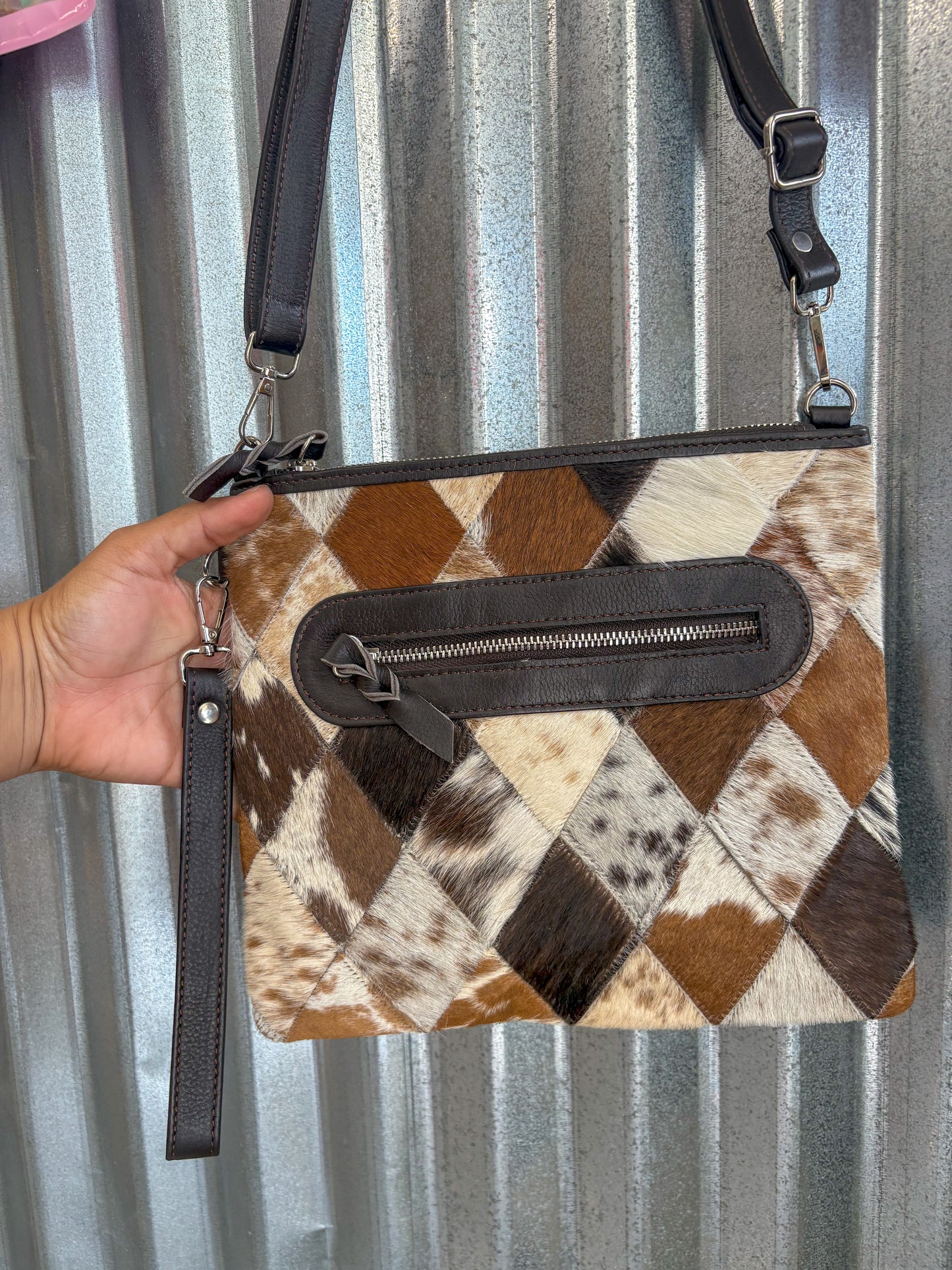 Cowhide Diamond Patch SidePurse / Wristlet - Black