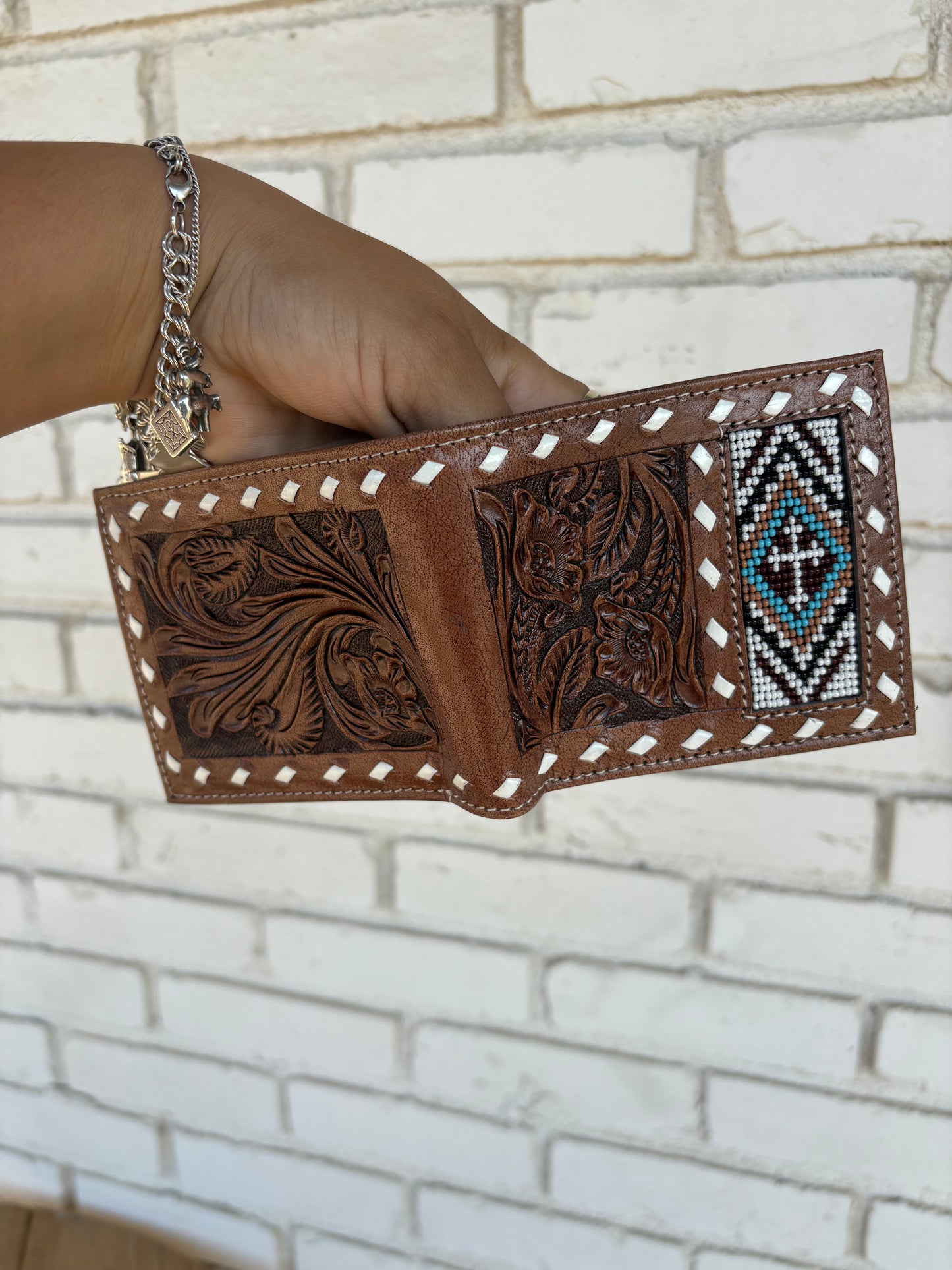 Beaded + Tooled Leather Bifold Wallet