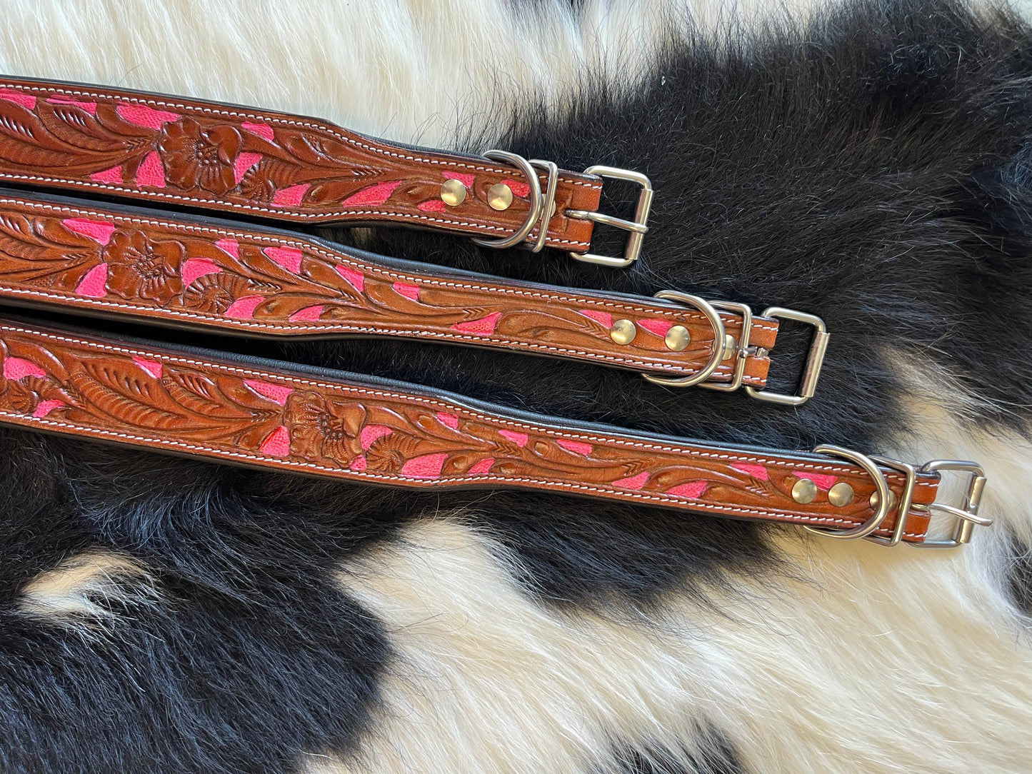 Hot Pink Tooled Leather Dog Collar