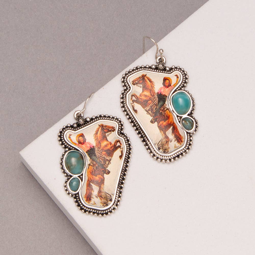 Western Cowgirl Dangle Earrings with Horse and Turquoise