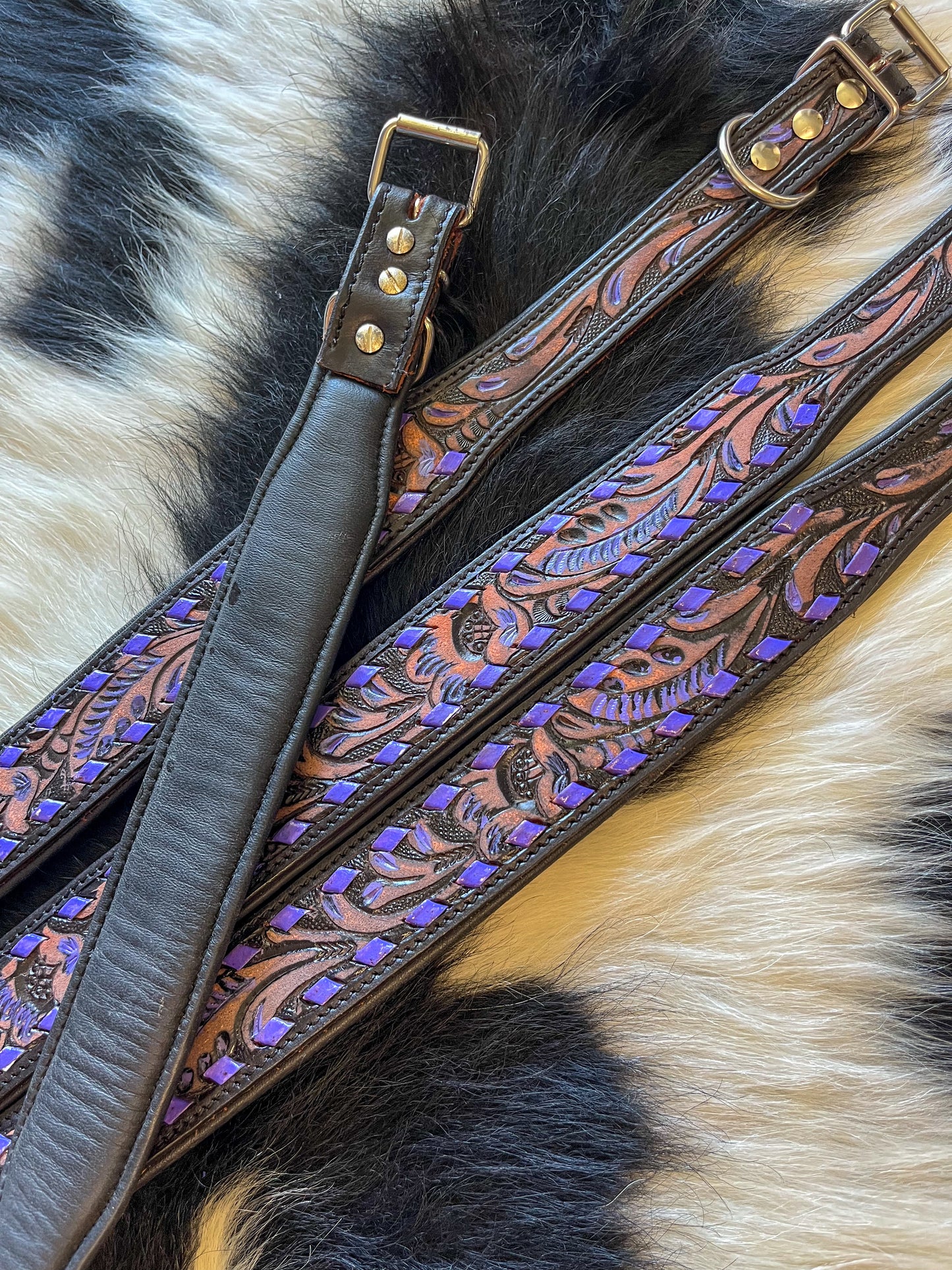 Purple Lace Tooled Leather Dog Collar