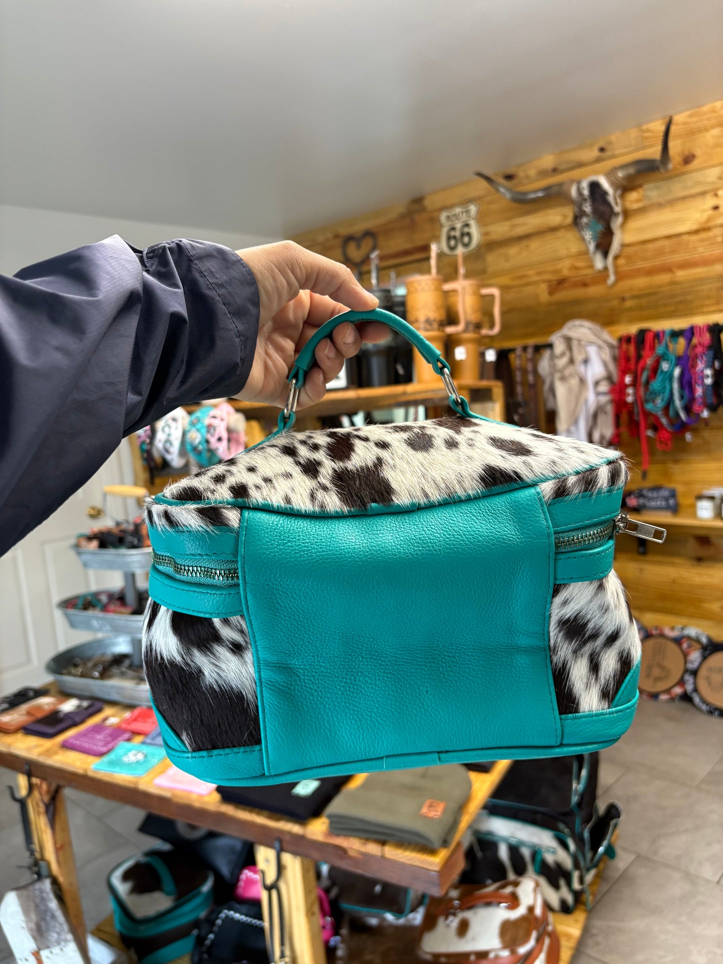 Cowhide Cosmetic/Toiletry Bag - turquoise leather