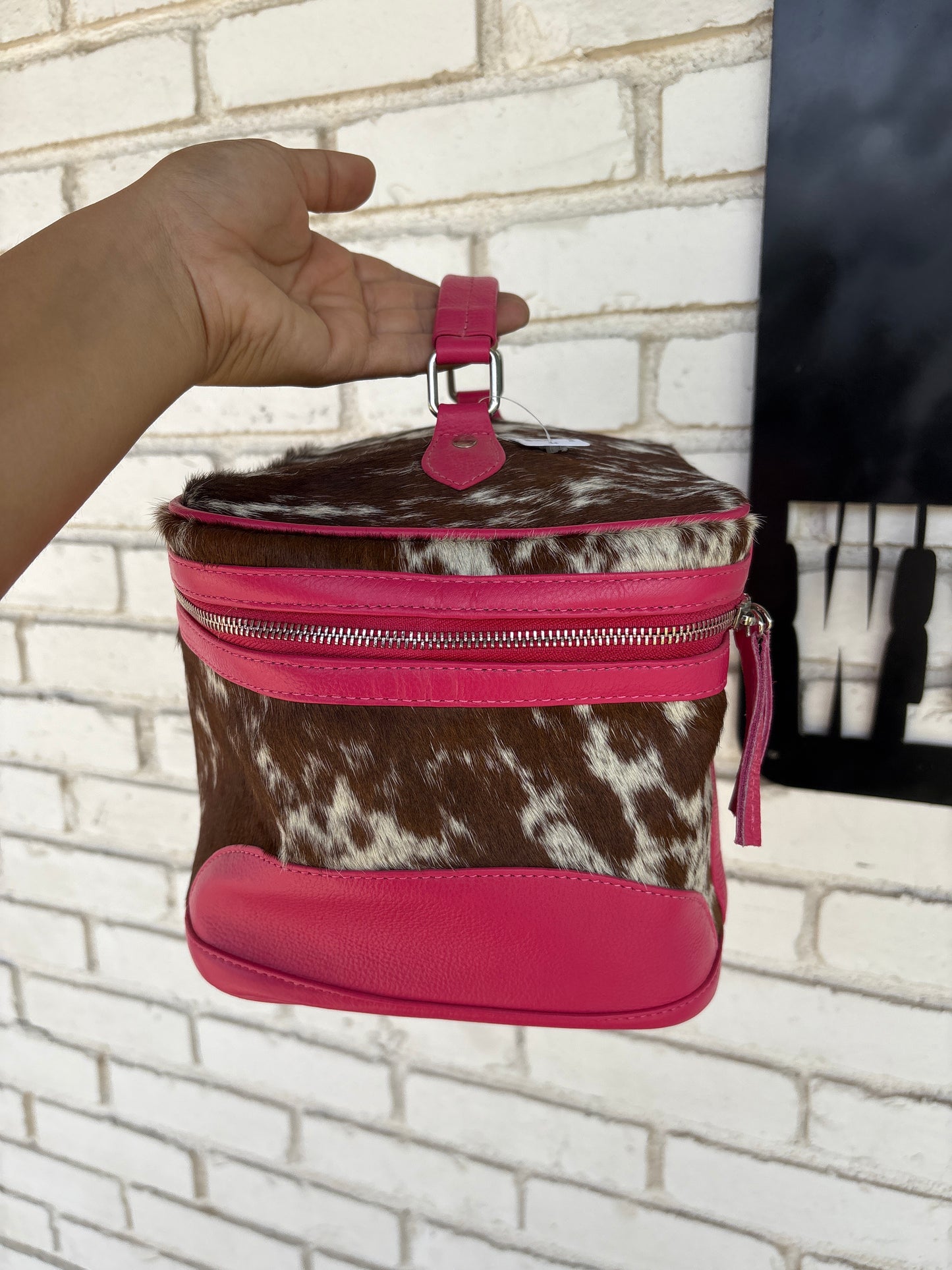 Cowhide Cosmetic Bag- Travel- Toiletries- pink leather