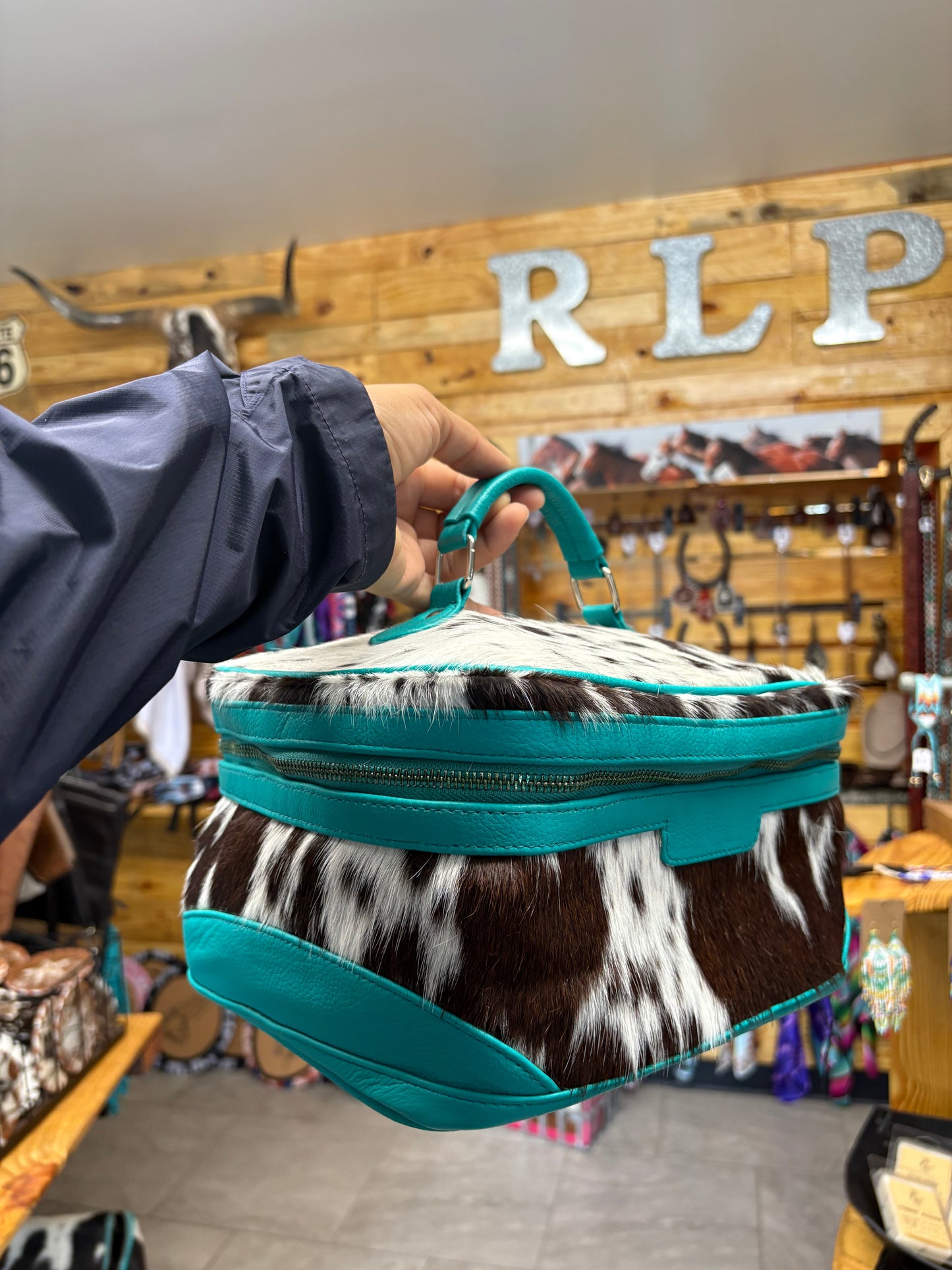 Cowhide Cosmetic/Toiletry Bag - turquoise leather