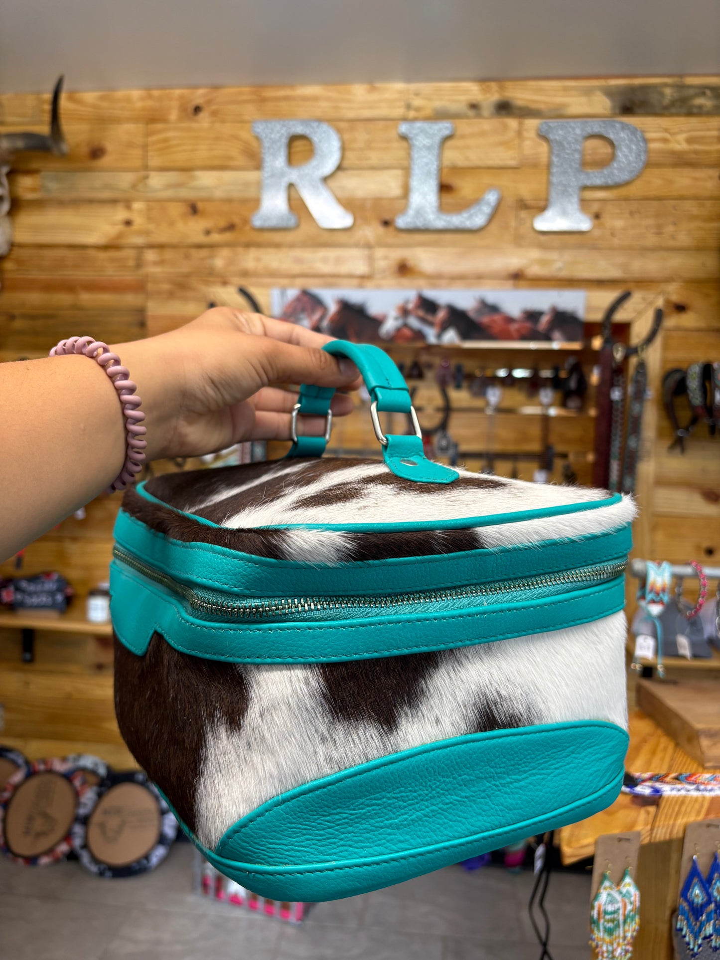 Cowhide Cosmetic/Toiletry Bag - turquoise leather