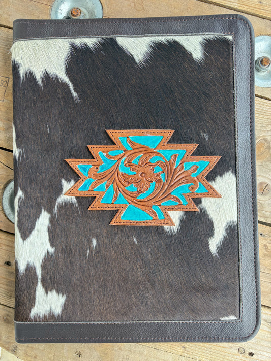 Cowhide + Brown Leather Planner - front tooled leather