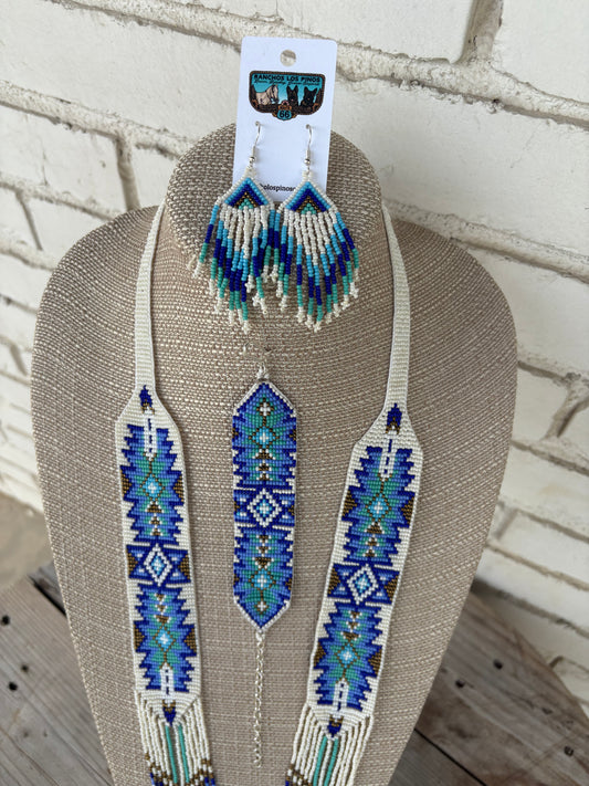 Blue & White Feather Beaded SET