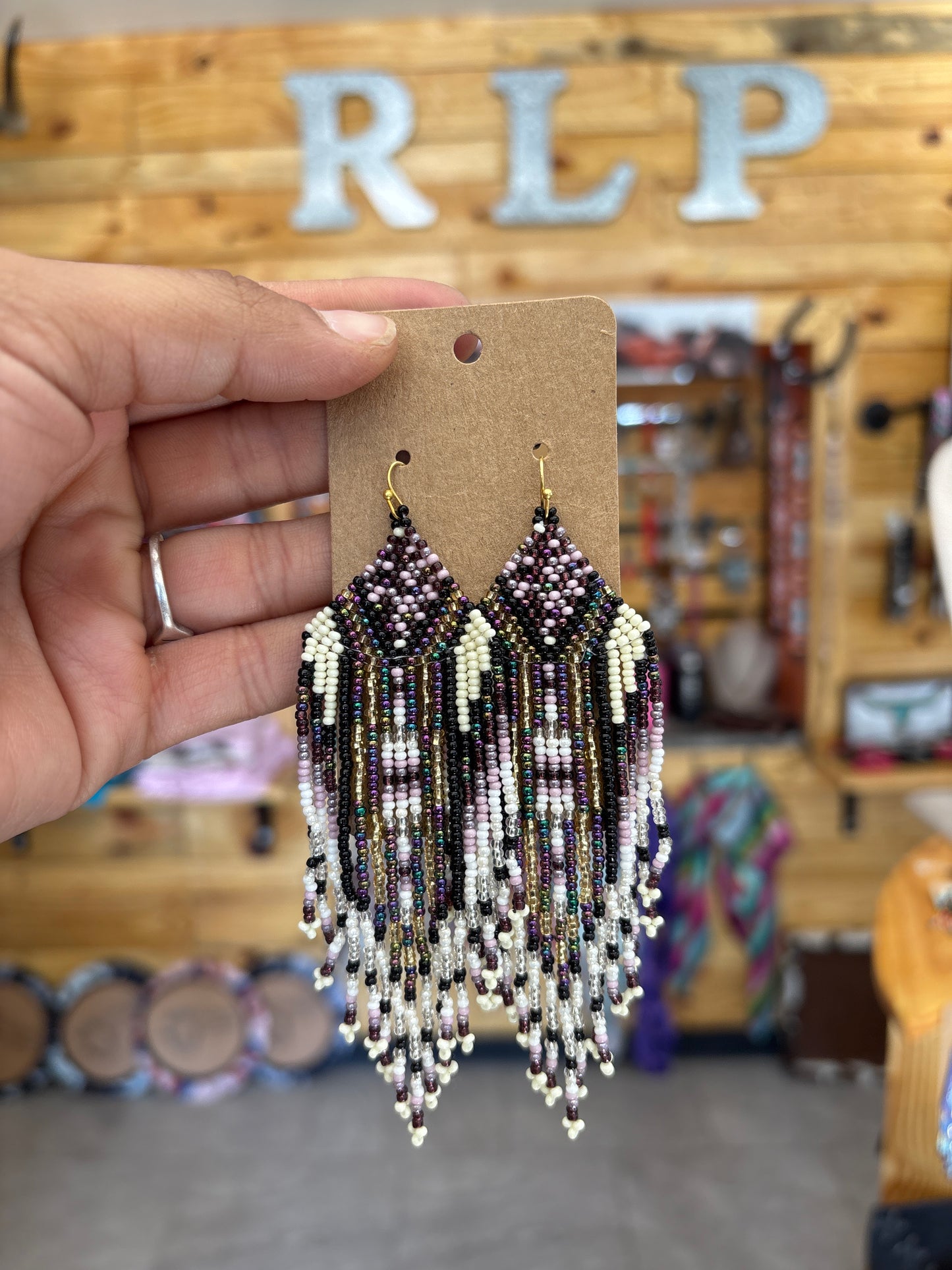 Purple Beige Beaded Earrings