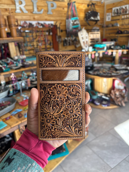 Tooled Leather + Cowhide Wallet