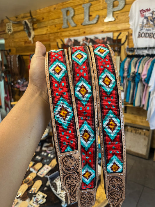 Red + Turquoise Diamond Beaded Dog Collar