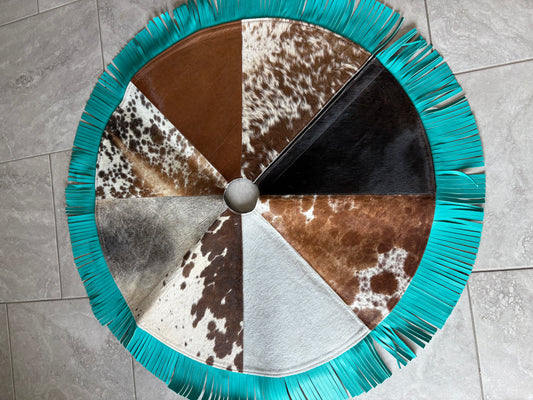 Cowhide Tree Skirt - turquoise fringe