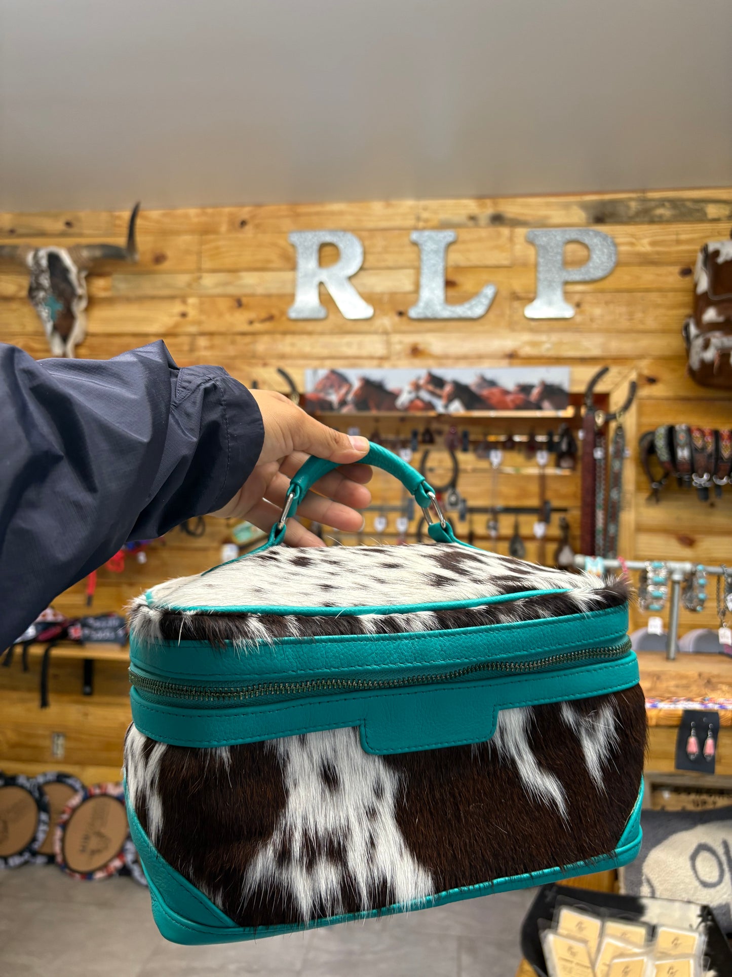 Cowhide Cosmetic/Toiletry Bag - turquoise leather