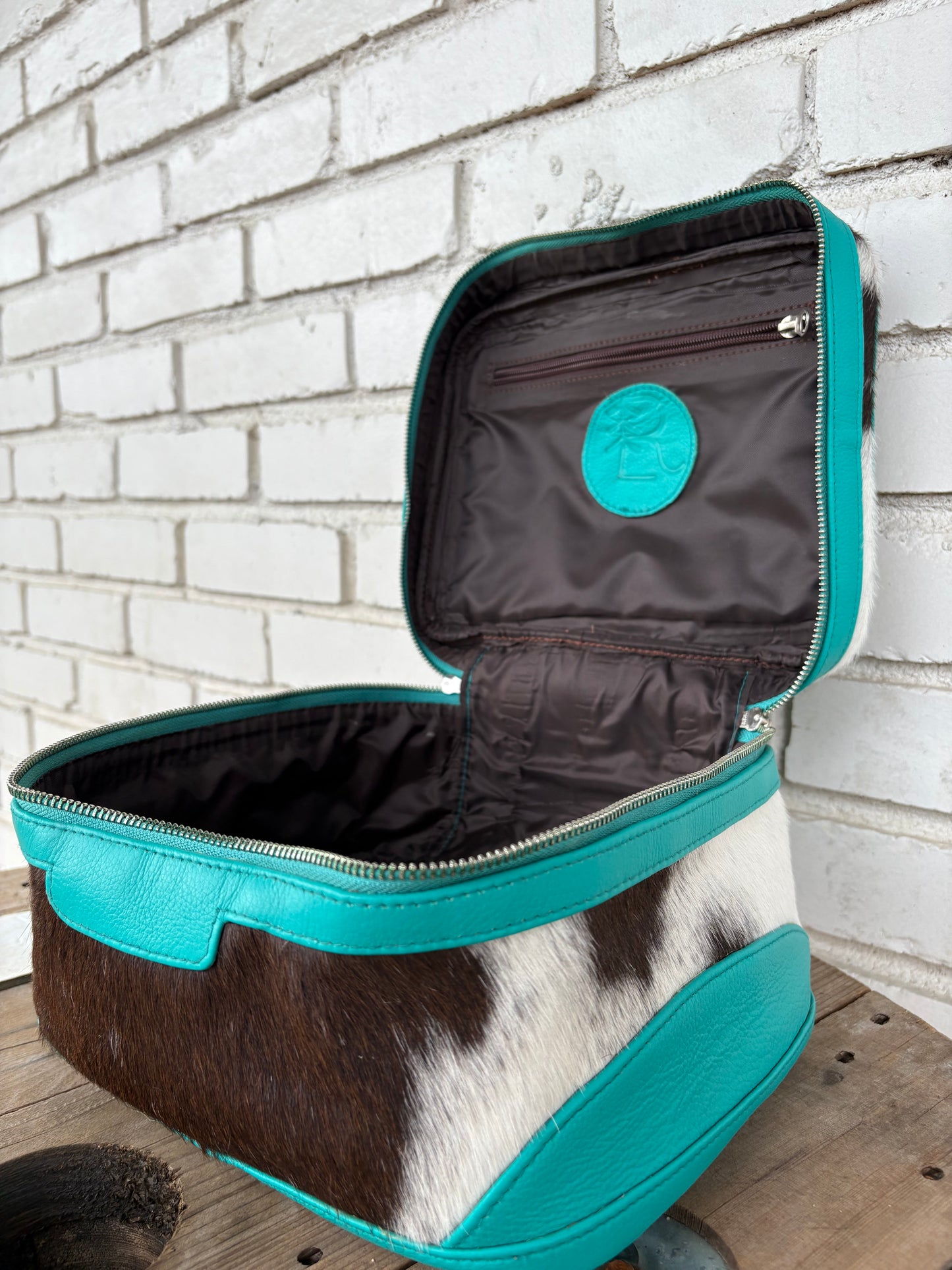 Cowhide Cosmetic/Toiletry Bag - turquoise leather